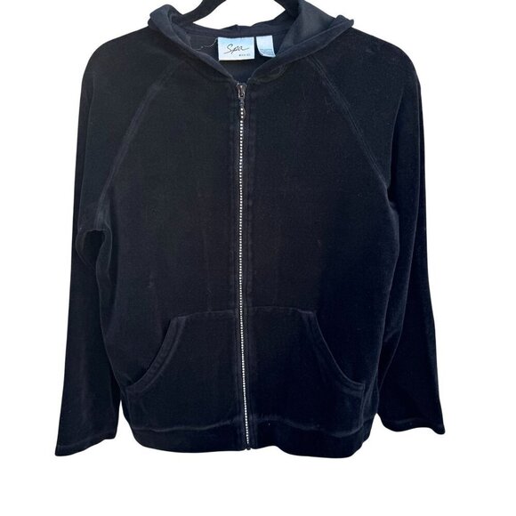 Spa By Chicos Vintage Y2K Womens Black Velour Velvet Zip Front Hoodie Jacket 0 - Picture 1 of 9